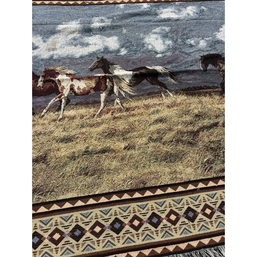 Vintage 90s C. Cummings Horses Fringe Throw Tapestry Blanket 13 FEET X 64 Inches